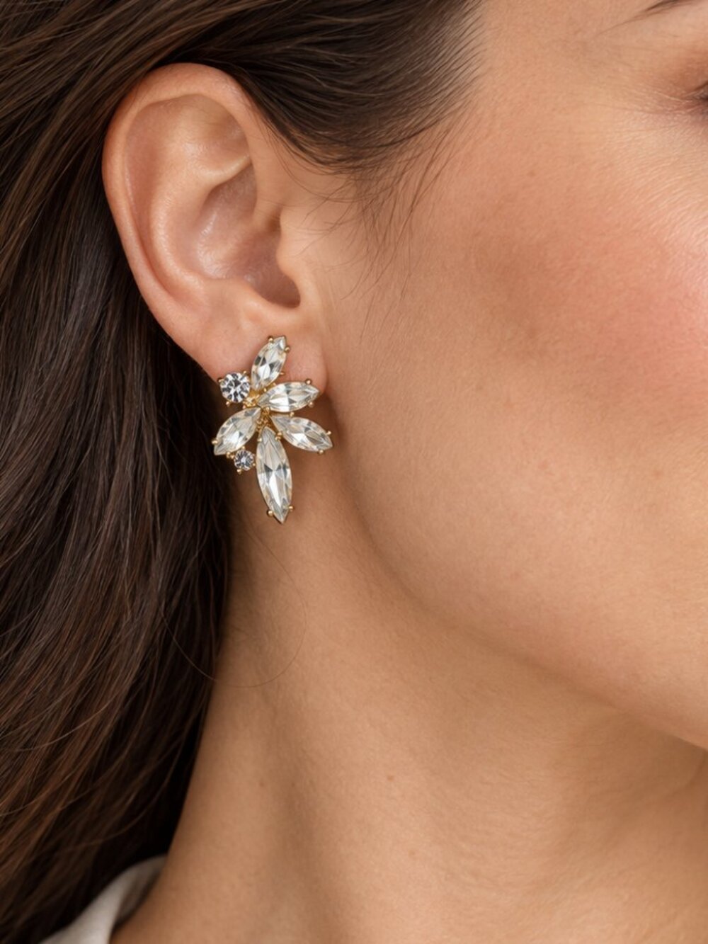 Banana Republic Crystal Leaf Cluster Stud Earrings Gold Tone Marquise NWT
